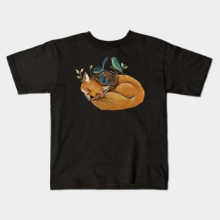Sleeping fox and blue birds nest Kids T-Shirt